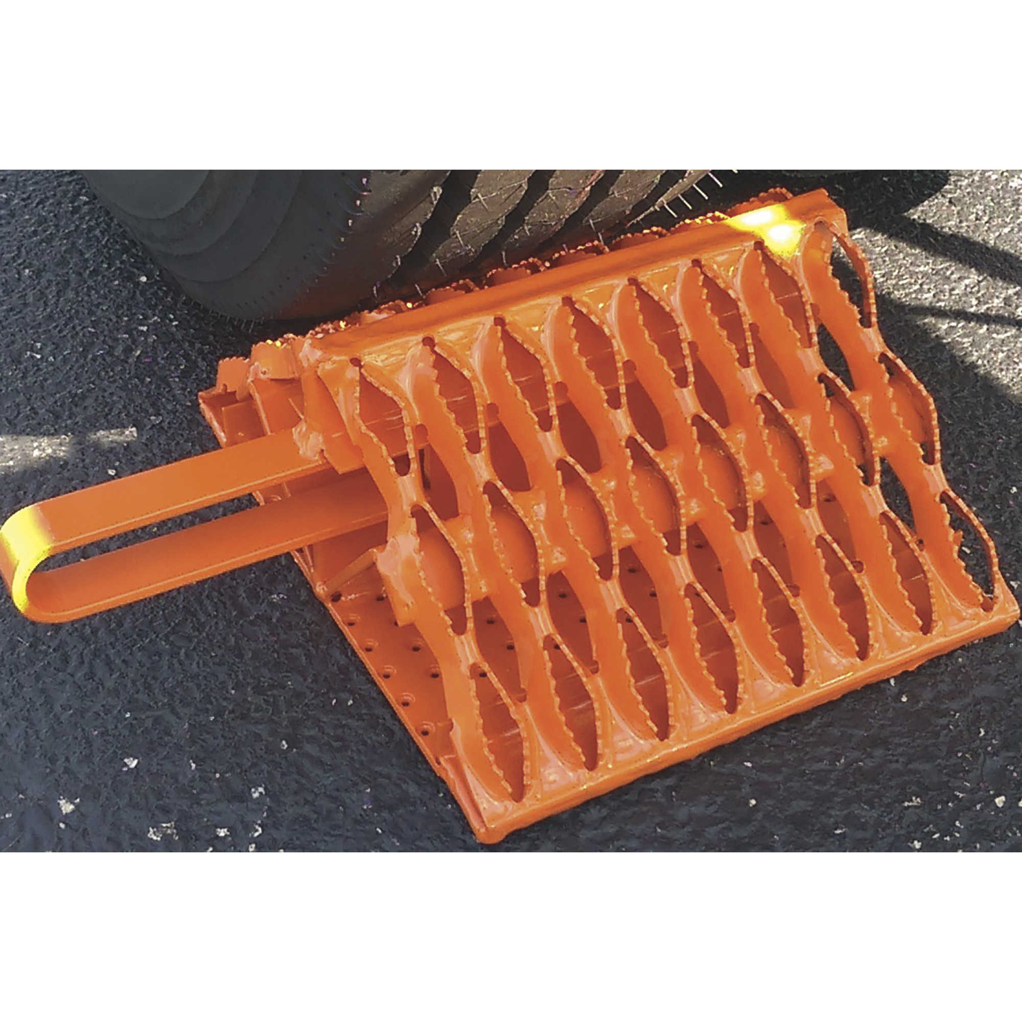 Bigfoot All-Weather Wheel Chock, Fluorescent Orange Galvanized Steel, 30,000-Lb. Axle Capacity, Model# WC8500FO